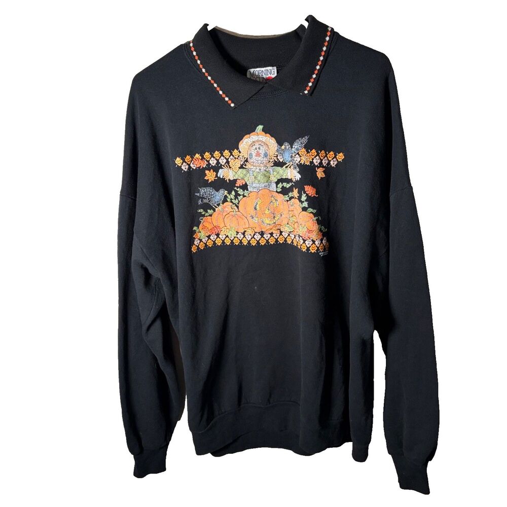 Vintage Sweatshirt Morning Sun Womens 3X Black Fall Harvest Scarecrow Halloween